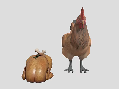 Standing Rooster With Red Comb And Roasted Chicken With Bone And Rosemary 3d model