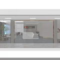 Modern Office Reception Desk With White Counter Wooden Wall Glass Partition And Potted Plants