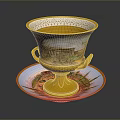 Hand Carved Sculptural Porcelain Cup And Saucer With Golden Trim And Architectural Designs