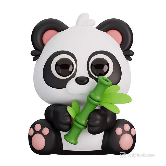 Adorable Cute Cartoon Panda Plush Toy Holding Green Bamboo Branch With Big Eyes 3d model 