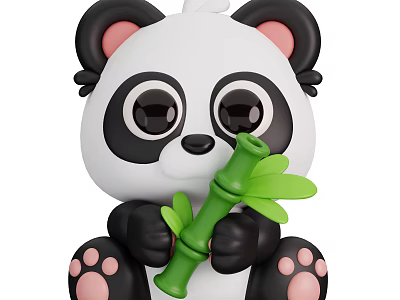 Adorable Cute Cartoon Panda Plush Toy Holding Green Bamboo Branch With Big Eyes 3d model