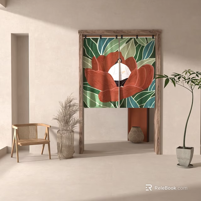 Floral Curtain With Red Flower And Green Leaf Design In Wooden Doorway Frame 3d model 
