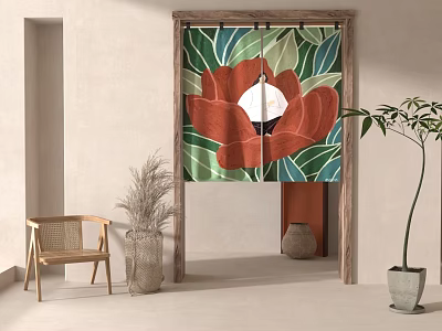 Floral Curtain With Red Flower And Green Leaf Design In Wooden Doorway Frame 3d model