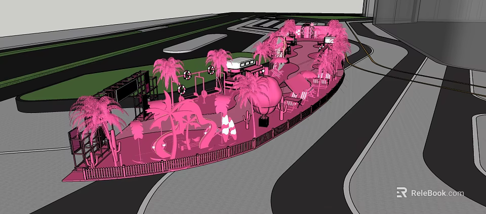 Pink Themed Outdoor Recreational Area With Palm Trees Pathway Green Space And Roads 3d model 