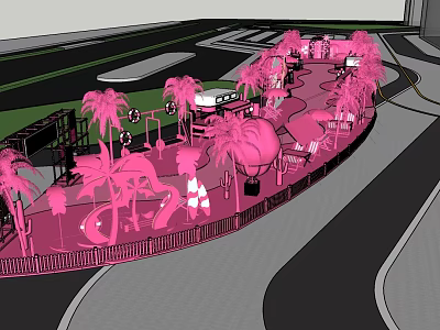Pink Themed Outdoor Recreational Area With Palm Trees Pathway Green Space And Roads 3d model