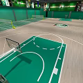 Spacious Indoor Basketball Court With Wooden Floor Green Walls And Ceiling Lights