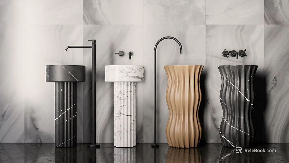 Modern Washbasins With Marble Designs Curved Faucets And Wall Background 3d model 
