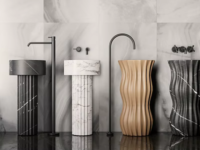 Modern Washbasins With Marble Designs Curved Faucets And Wall Background 3d model