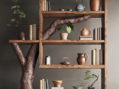 Tree Shaped Decorative Cabinet with Books Teapots Pots and Potted Plants 3d model
