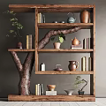Tree Shaped Decorative Cabinet with Books Teapots Pots and Potted Plants