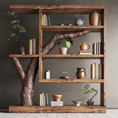 Tree Shaped Decorative Cabinet with Books Teapots Pots and Potted Plants 3d model