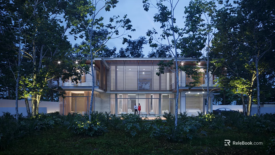 Modern Detached Villa With Large Glass Facade Lush Greenery And Outdoor Lighting 3d model 
