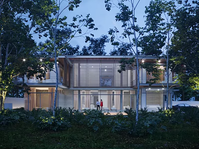 Modern Detached Villa With Large Glass Facade Lush Greenery And Outdoor Lighting 3d model