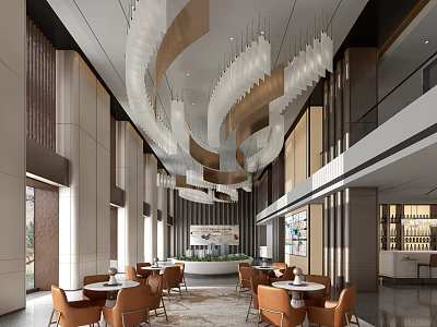 Modern Elegant Sales Office Lobby With Chandeliers Tables Chairs Decorative Paintings Floor to Ceiling Windows 3d model