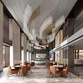 Modern Elegant Sales Office Lobby With Chandeliers Tables Chairs Decorative Paintings Floor to Ceiling Windows