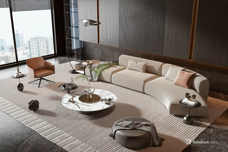 Modern Curved Sofa And Coffee Table Combination With Marble Top Floor Lamp And Accent Chair 3d model 