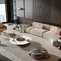 Modern Curved Sofa And Coffee Table Combination With Marble Top Floor Lamp And Accent Chair