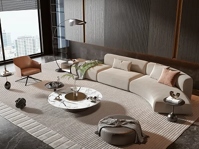 Modern Curved Sofa And Coffee Table Combination With Marble Top Floor Lamp And Accent Chair 3d model