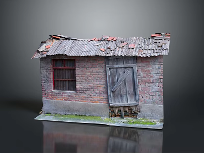 Small Old House Model With Broken Roof Tiles Red Brick Walls And Wooden Door 3d model