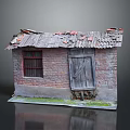Small Old House Model With Broken Roof Tiles Red Brick Walls And Wooden Door