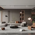 Modern Living Room Interior With Gray Sofa Brown Armchair Round Coffee Table And Wooden Bookshelf