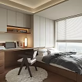 Tatami Bedroom Interior Design With Wooden Desk Comfortable Chair Cozy Bed And White Window Blinds