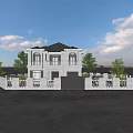 European Style Detached Villa Exterior With White Facade Arched Windows And Black Railings