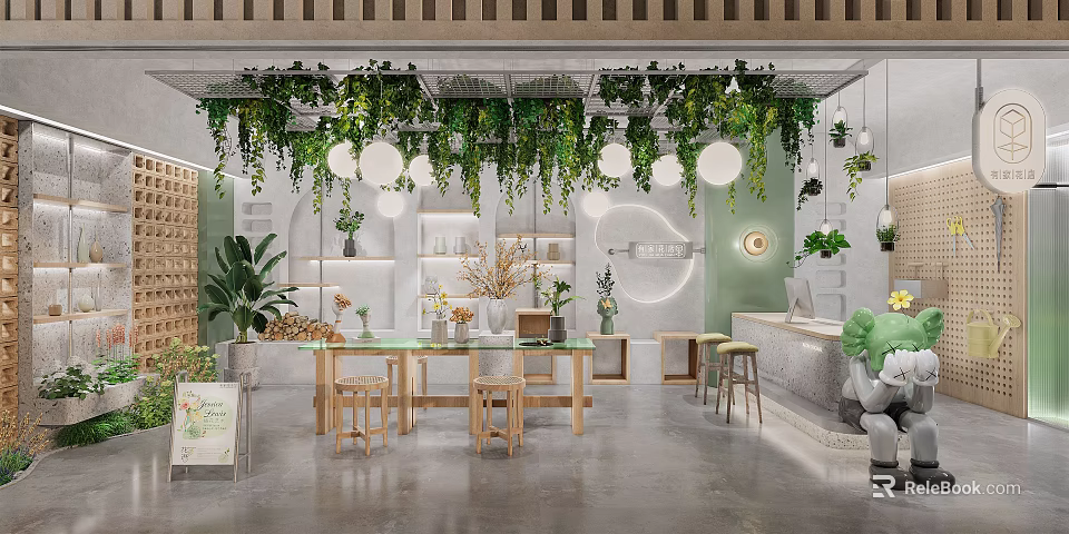 Lush Green Plant Specialty Store Interior With Hanging Vines Pendant Lights White Shelves And Wooden Tables 3d model 