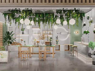 Lush Green Plant Specialty Store Interior With Hanging Vines Pendant Lights White Shelves And Wooden Tables 3d model