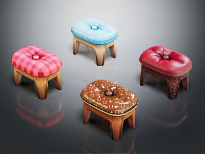 Colorful Upholstered Stools With Wooden Legs And Plaid Striped Patterned Designs 3d model