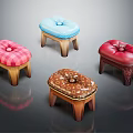 Colorful Upholstered Stools With Wooden Legs And Plaid Striped Patterned Designs
