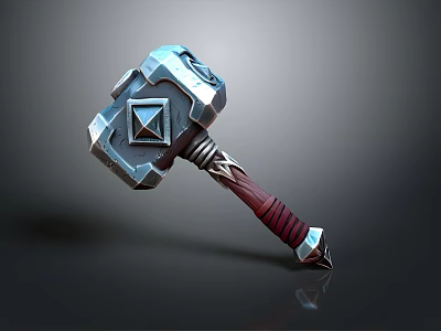 Fantasy Metal Hammer With Intricate Diamond Design And Red Leather Wrapped Handle 3d model