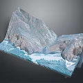 3D Scenic Landscape Featuring Rocky Mountains Wavy Ocean And Folded Form On Gray Background