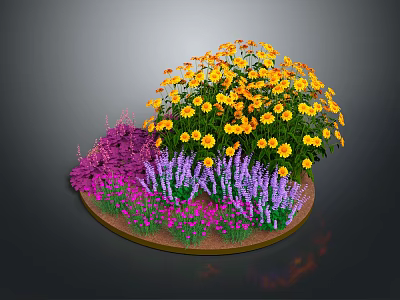 Colorful Circular Flower Bed Planted With Mixed Yellow Purple Pink Flowers 3d model