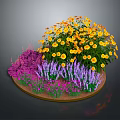 Colorful Circular Flower Bed Planted With Mixed Yellow Purple Pink Flowers