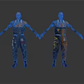 Two Futuristic Cybernetic Characters In Mechanical Work Overalls Standing Together