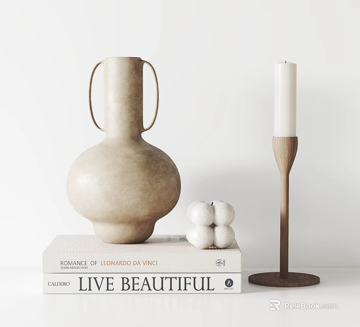 Decorative Ornament Set with Beige Vase Wooden Candleholder White Spherical Ornaments and LIVE BEAUTIFUL Book 3d model 