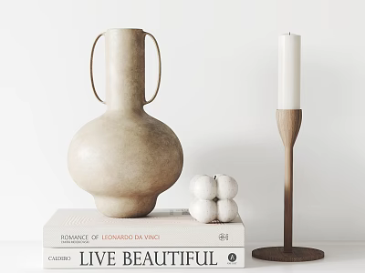 Decorative Ornament Set with Beige Vase Wooden Candleholder White Spherical Ornaments and LIVE BEAUTIFUL Book 3d model