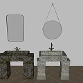 Dual Stone Sink Vanities With Square And Round Mirrors On Gray Wall 3d model