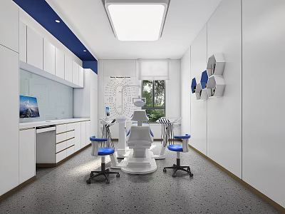 Modern Dental Clinic Interior With White Cabinets Blue Stools And Treatment Chair 3d model