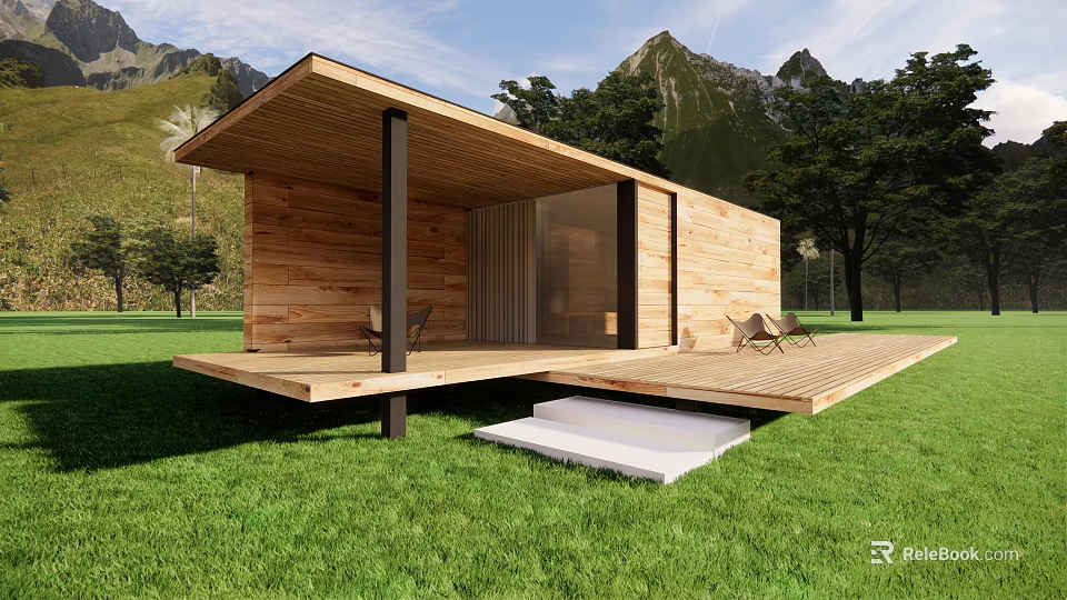 Modern Wooden House with Elevated Deck and Mountain View in Green Grassland 3d model 