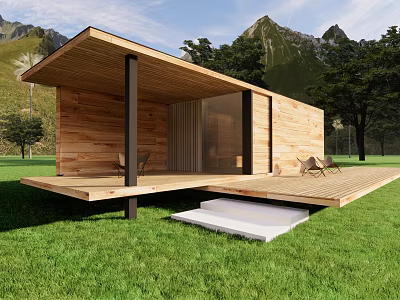 Modern Wooden House with Elevated Deck and Mountain View in Green Grassland 3d model