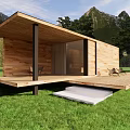 Modern Wooden House with Elevated Deck and Mountain View in Green Grassland