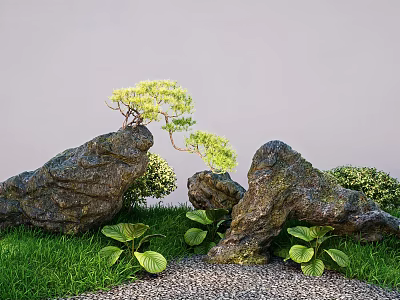 Miniature Garden Landscape With Large Rocks Small Pine Tree Green Plants Grass And Gravel 3d model