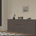 Modern Light Gray Console Cabinet And Sideboard With Table Lamp Wall Art And Window Blinds