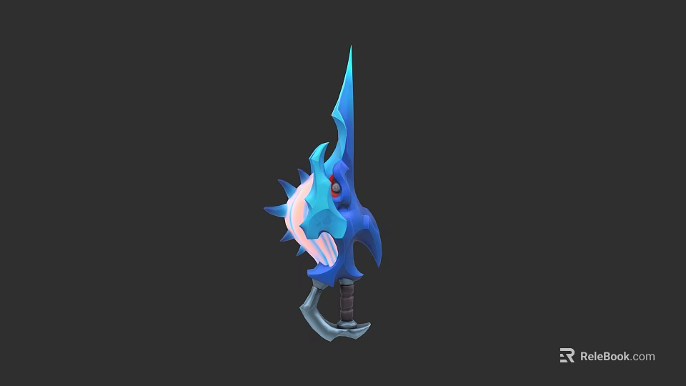 Blue Spiked Fantasy Weapon With Dragon Head Design And Red Eye 3d model 