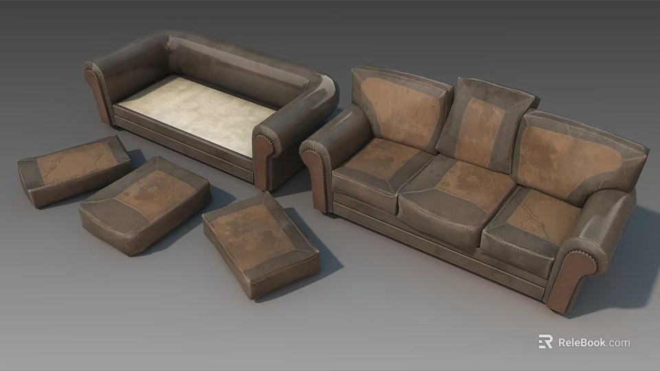 Classic Brown Leather Multi Seater Sofa Set With Matching Ottoman And Soft Cushions 3d model 