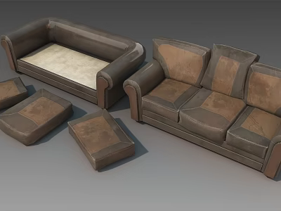 Classic Brown Leather Multi Seater Sofa Set With Matching Ottoman And Soft Cushions 3d model