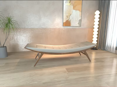 Modern Living Room Beige Ottoman On Wooden Floor With Green Plant Artwork And Floor Lamp 3d model