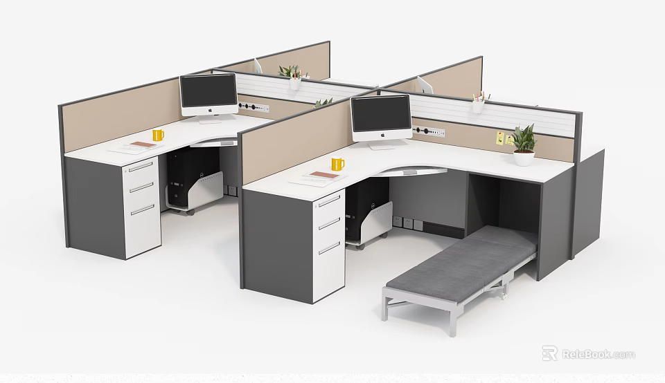 Modern Office Desk Workstations in Cubicles with Computers Plants and Rest Bench 3d model